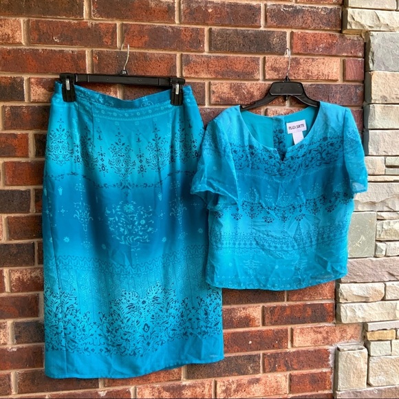Plaza South Blue Lined Midi Skirt Blouse Set Sz 16 - Picture 1 of 7
